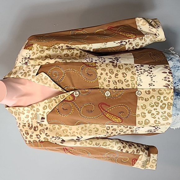 Silk Jacket Womens Size Large Western Animal Print Art Boxy Beaded Patchwork 90s - Picture 1 of 13